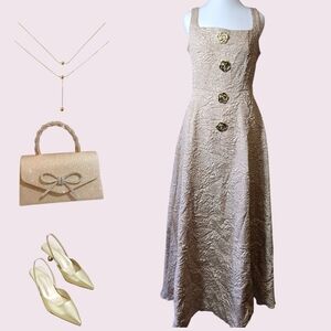 Gold Buttoned Midi Elegant Dress with Square Neckline